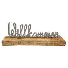 Willkommen Schriftzug Deko Figur Holzsockel Silber farbig Skulptur Metall chrom