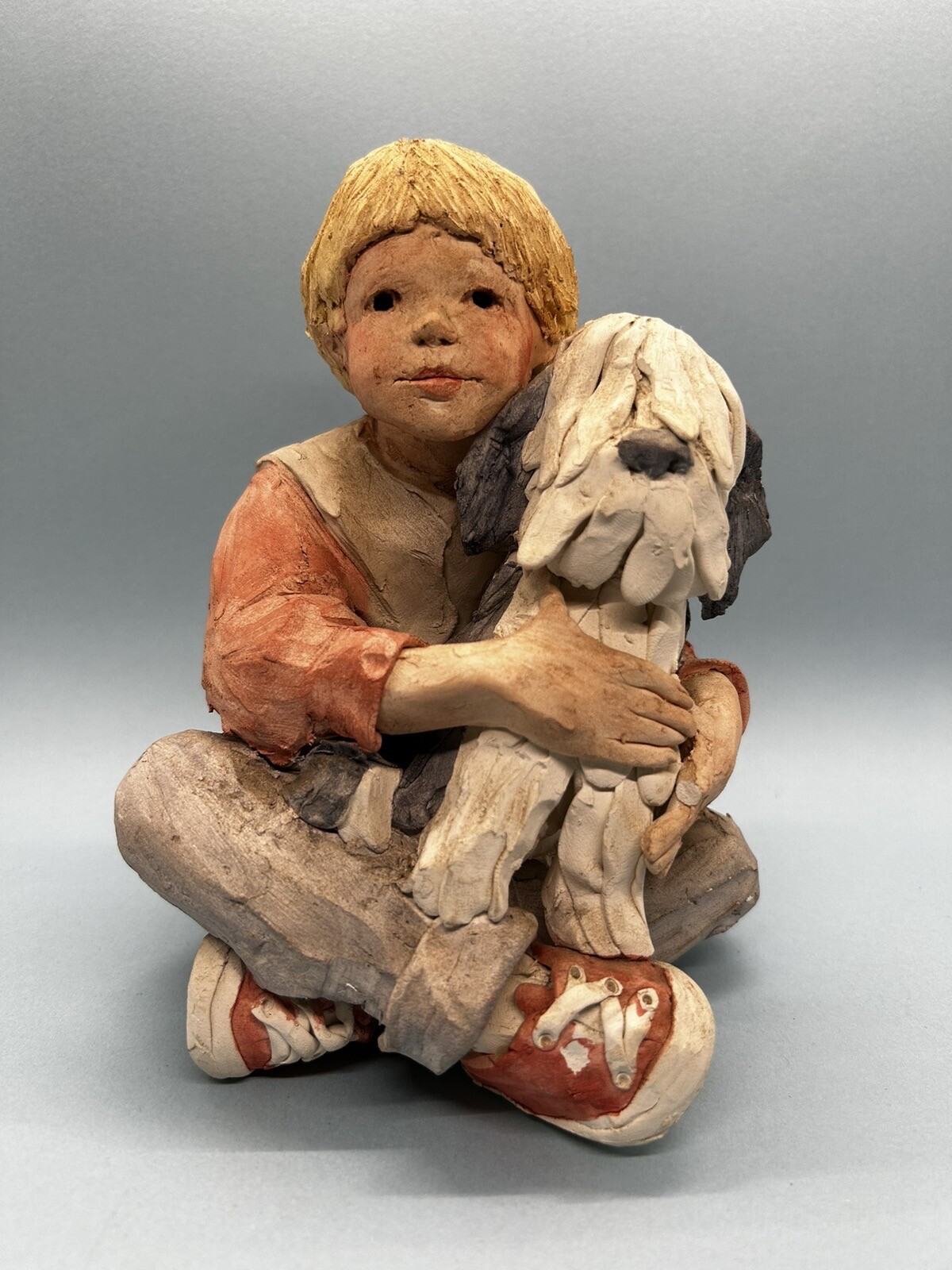 Original Signed Daze Mortensen Vintage Clay Sculpture of Boy with Dog and Sneakers
