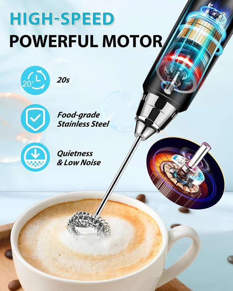 Milk Frother w/ Stand Rechargeable-Handheld Frother w/ 3 Stainless Whisk-3 Speed