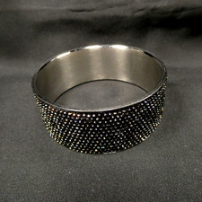 Stainless Steel Black Rhinestone Encrusted Womens 1" Bangle Bracelet