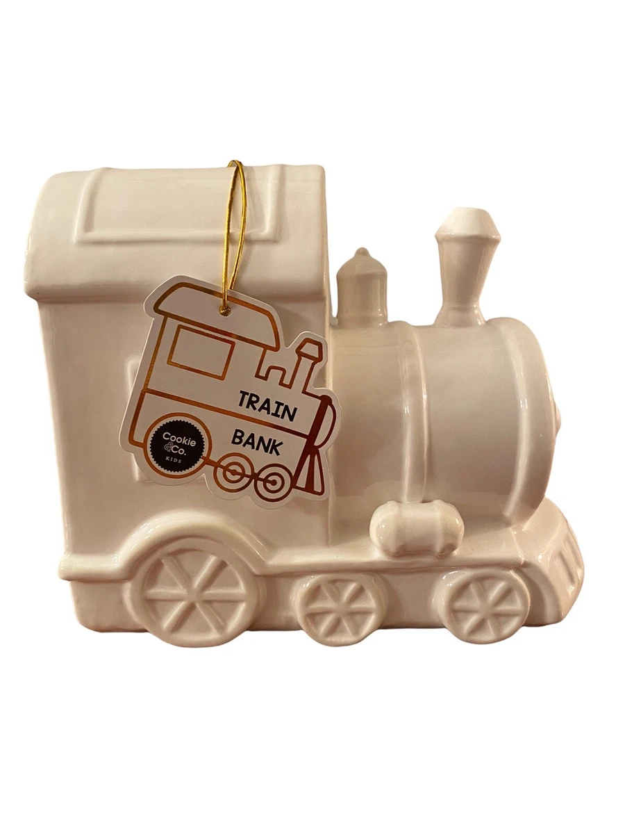 White Ceramic Train Engine Coin Bank Piggy Bank