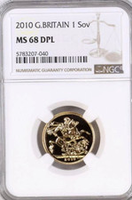 2010 Gold Sovereign, NGC MS68 DPL Uncirculated Coin Great Britain Royal Mint