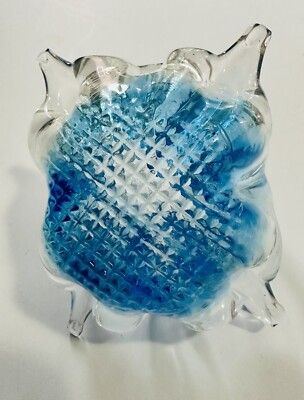 Vintage Antique Hand Blown Glass Basket Art Dish Blue Aqua Clear