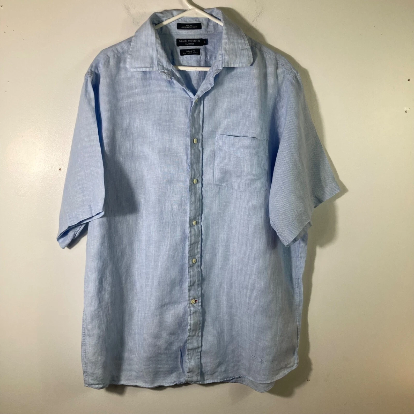 Mens Daniel Cremieux Linen Button Short Sleeve Shirt Lt Blue White Pin Stripe L