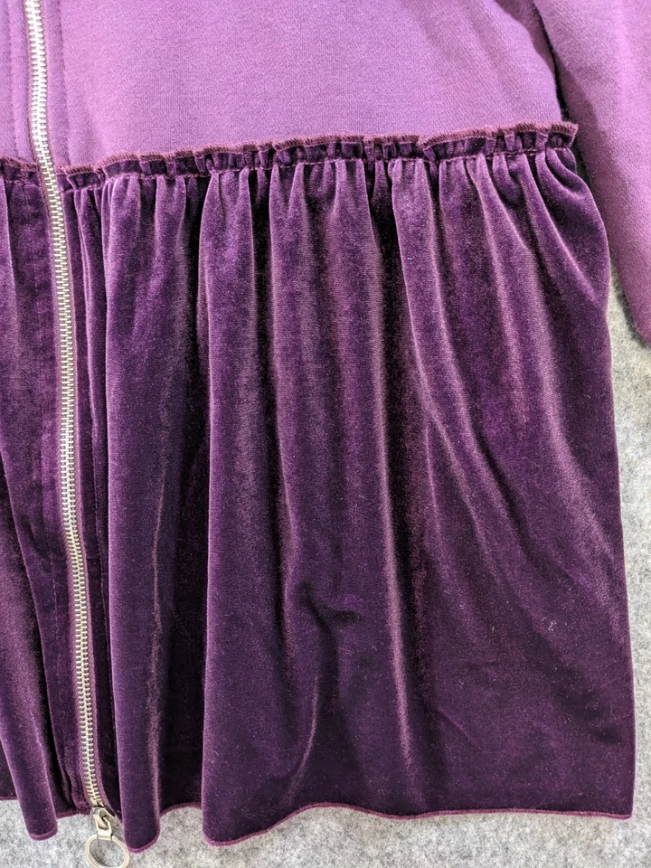 Chaqueta para mujer Z Avenue USA mediana púrpura tejida con capucha cremallera completa terciopelo volantes dobladillo Foto 3 de 4