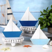 Qunclay 3 Pcs Wooden Nautical Decoration Beach Decor Handcrafted Sailing Boat...
