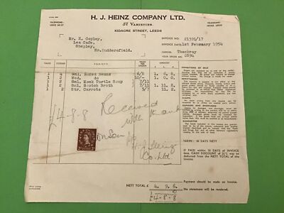 H.J.Heinz Company Ltd Leeds Baked Beans Scotch Broth 1954 Quittung R43293