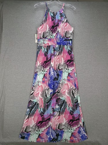 New Directions Womens Maxi Dress Petite Large Pink Blue Snake Sleeveless Soft - Picture 3 of 12