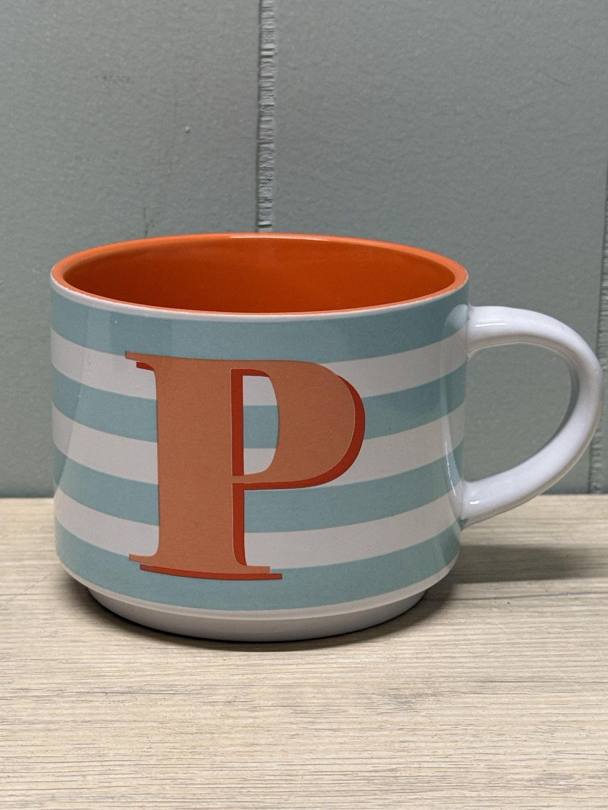 Boston Warehouse Trading Corp. Blue/White Striped+Orange Coffee Mug Letter “P”