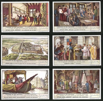 6 Sammelbilder Liebig, Serie Nr.: 1549, L´Histoire de nos Provinces - Flandre O 