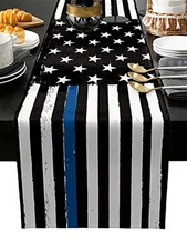 Thin Blue Line Black Table Runner - Cotton Linen 48 Inches Long, American 