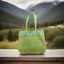 Vera Bradley Green Blue White Paisley Floral Tote Bag Medium Inner Pockets Lined