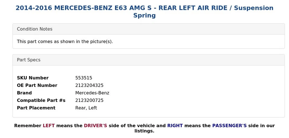 2014-2016 MERCEDES-BENZ E63 AMG S - REAR LEFT AIR RIDE / Suspension Spring - Image 4 of 4
