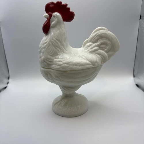 VINTAGE Westmoreland Milk Glass Rooster Covered Candy Dish
