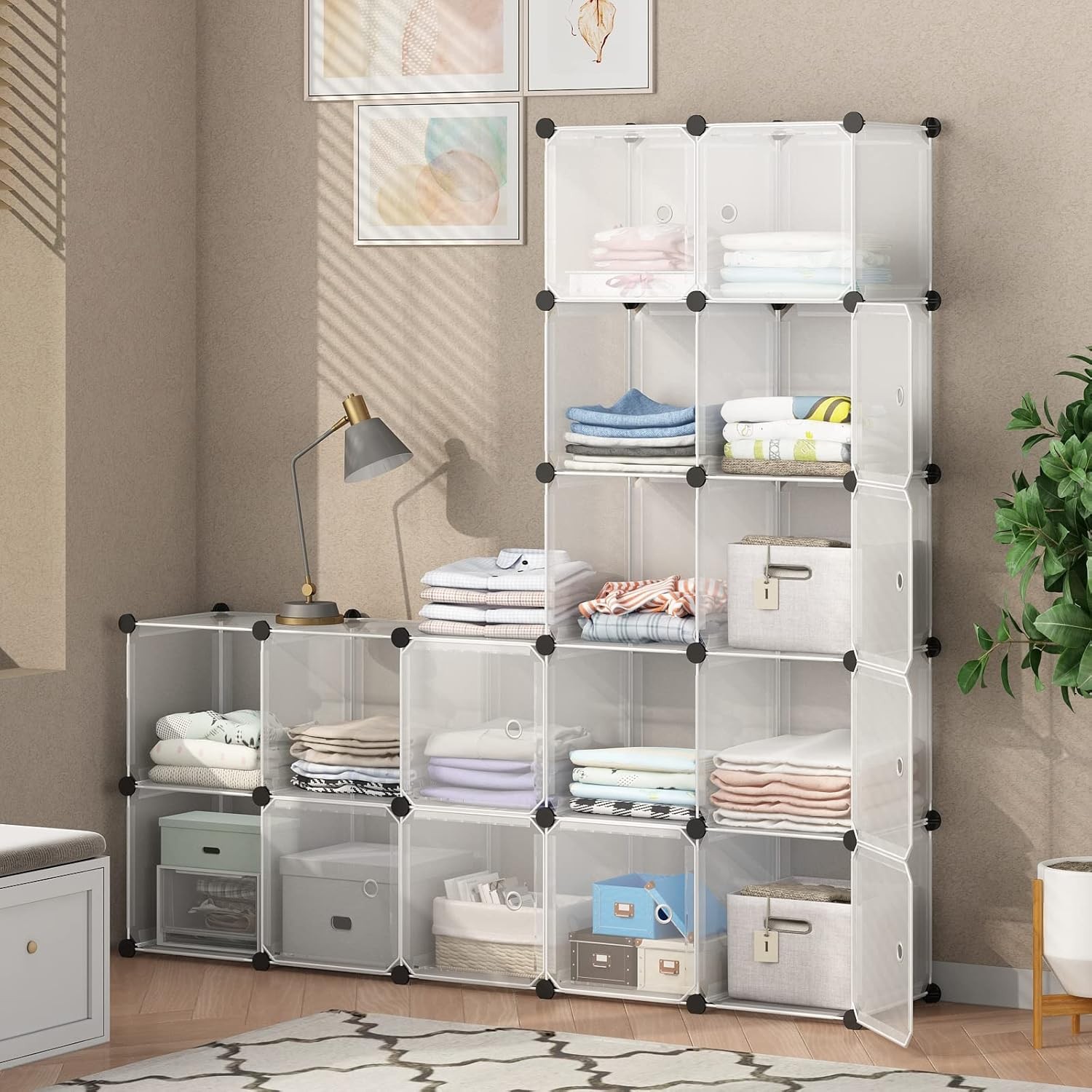 16 Sturdy 14x14 Storage Cubes with Wire Panels for DIY Clothes Organization