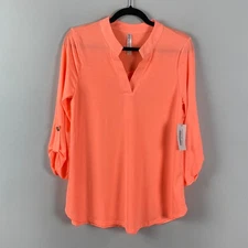 Dear Scarlett Lizzy Blouse Size Small Popover 3/4 Sleeves Solid Neon Orange