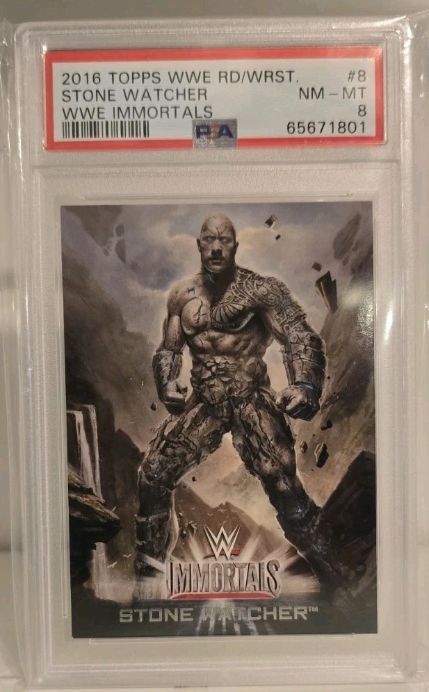 2016 Topps WWE Immortals #8 The Rock Stone Watcher PSA 9 Dwayne Johnson view 1