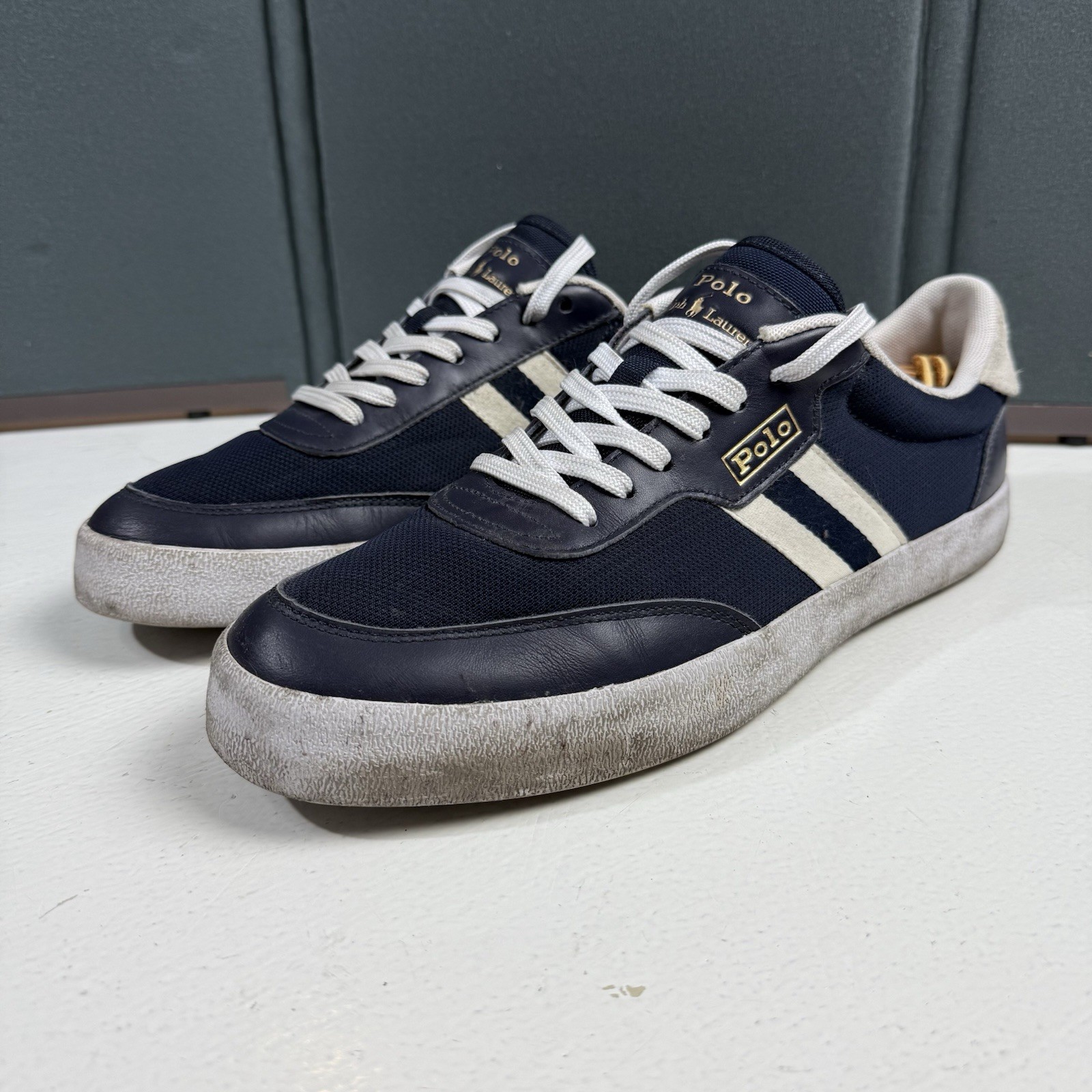 PONY Scarpe sneakers Polo Ralph Lauren Court VLC uomo taglia 11 blu navy bianco pelle rete