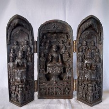 Vintage Chinese Buddhist Travel Shrine Triptych Carved Resin 170mm , Stamped