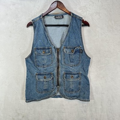 Vintage Switch USA Vest Womens M Blue Denim Zip Front Utility Cargo Pockets 90s