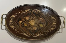 Italian Vintage Inlaid Wood Marquetry  Tray with Brass Handles