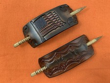 2 Leather Hair Barrettes w Sticks, Ponytail, American Flag US, Handcrafted 225