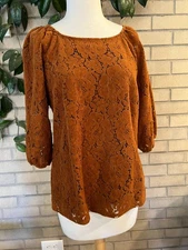 Anthropologie Dolan Norah Copper Brown Corduroy Lace Puff Sleeve Top Sz M