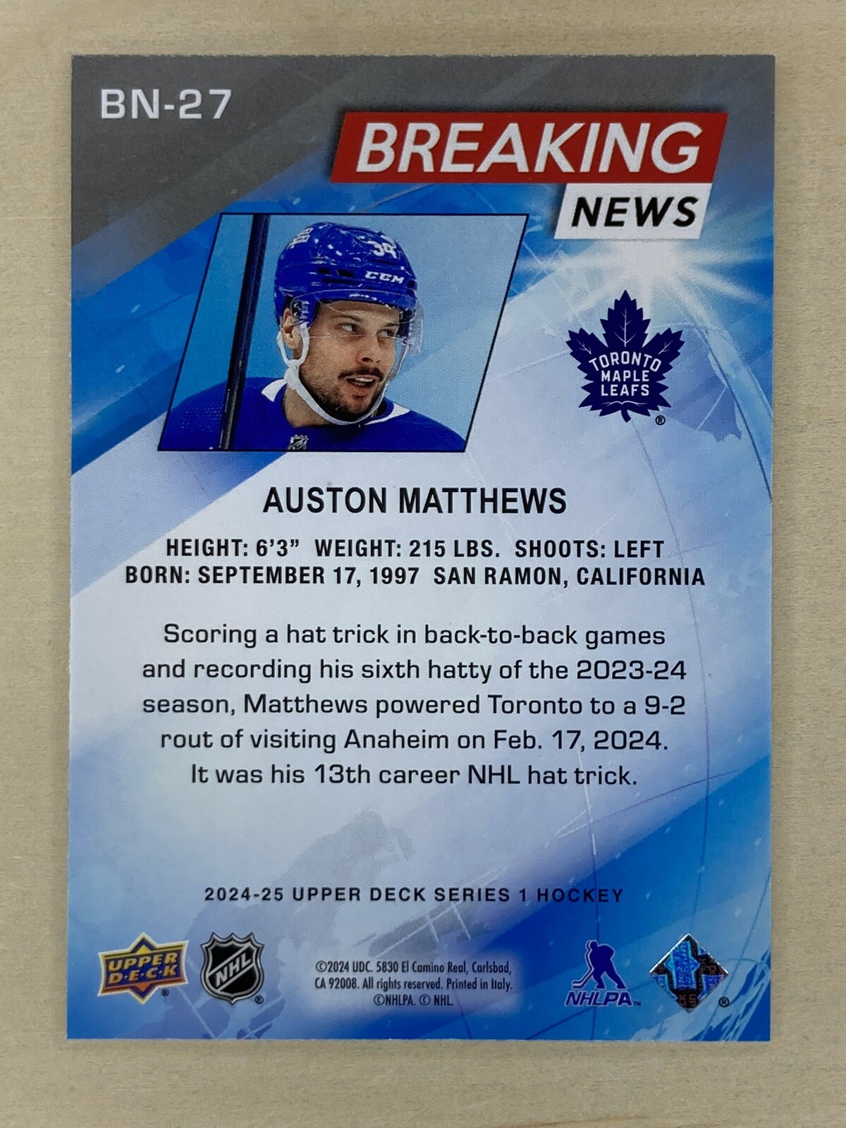 2024 Upper Deck Series 1 Breaking News Auston Matthews 6th Hat Trick BN