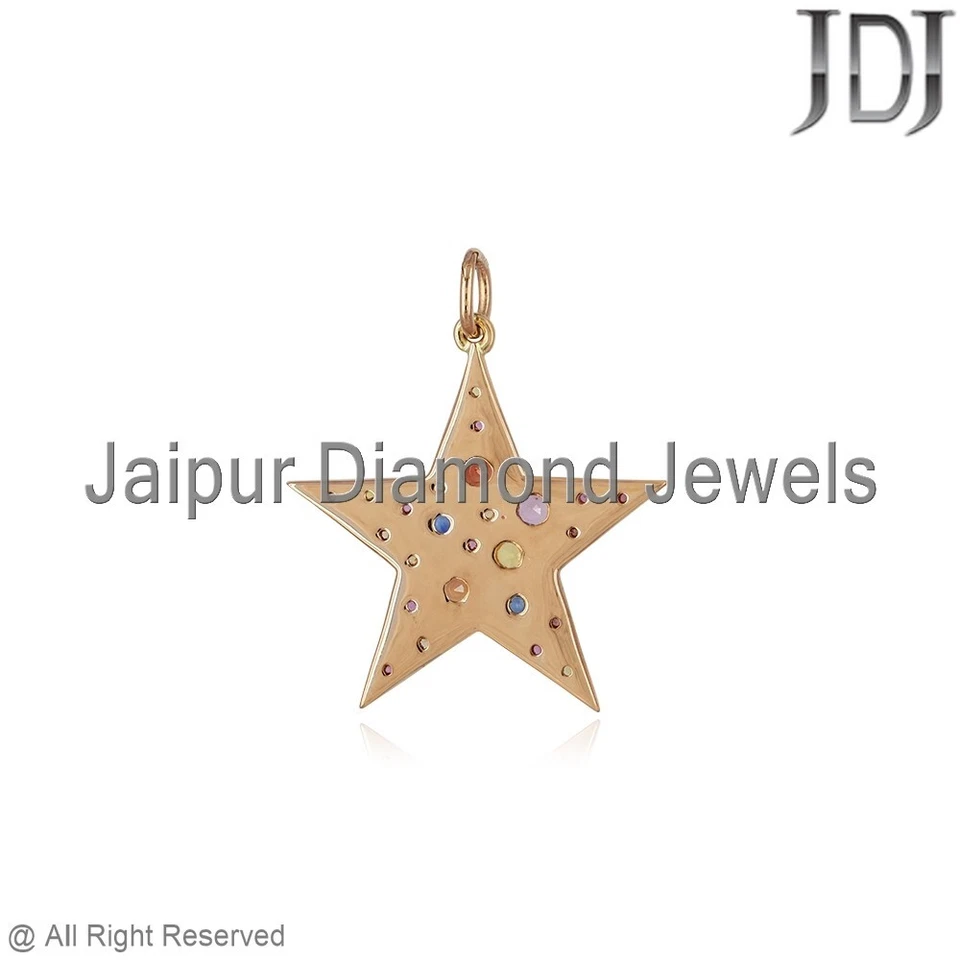 Natürlich Multi Saphir Edelstein Massiv 14k Rose Gold Star Charm Unisex Anhänger - Bild 2 von 4