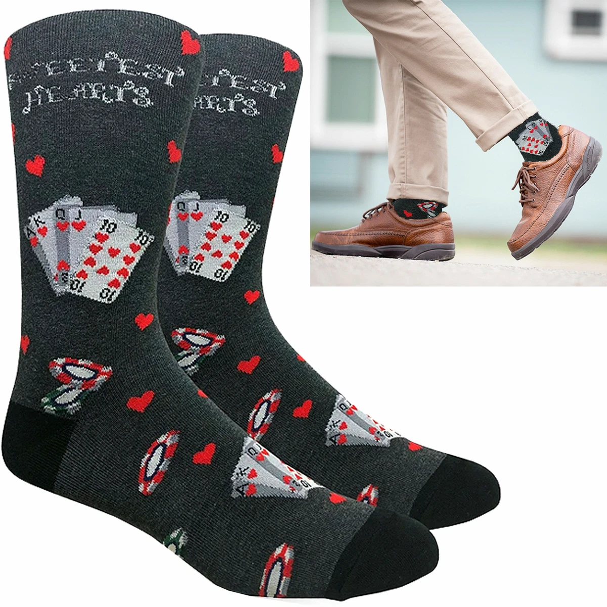 Men's Novelty Socks Crew Hearts Cards Poker Gambling Gift Dress Casual One  Size