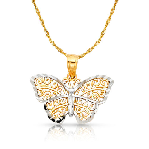 14K Gold Monarch Schmetterling Charm Anhänger & 1,2 mm Singapur Kette Halskette - Bild 1 von 9