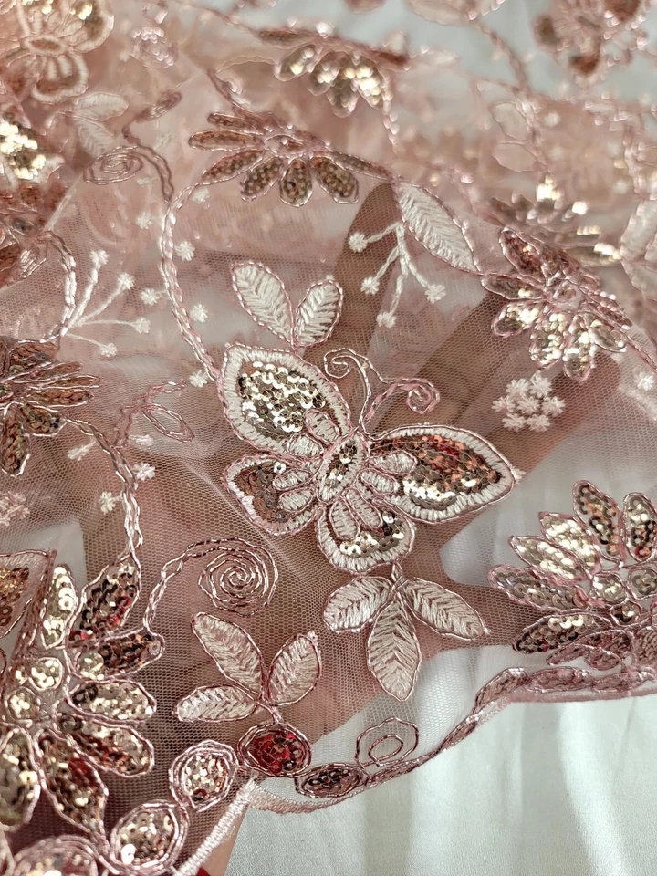 Blush Pink Embroidered Lace Butterflies Sequins Fabric By Yard Quinceañera - Image 4 of 4