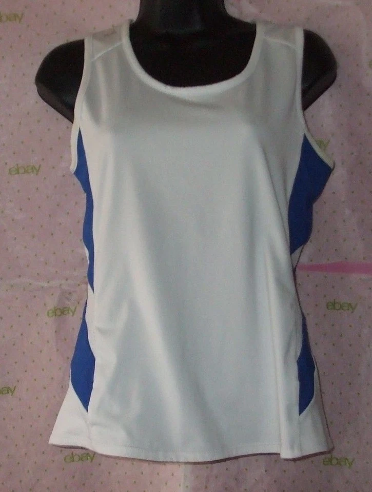$68 DUC ACTIVE Tanque TALLA 34" BUSTO Pequeño Azul Blanco Dri Fit Top MANCHA DEBAJO DEL BRAZO Foto 2 de 4