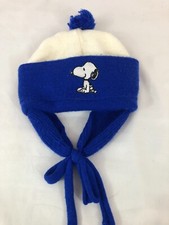 VTG Toddler Blue  White Acrylic Peanuts Snoopy Super-Soft Knit Hat Tie