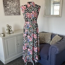 Black & Pink Floral Collared Sleeveless Belted Pocketed Maxi Shirt Dress M 10-12