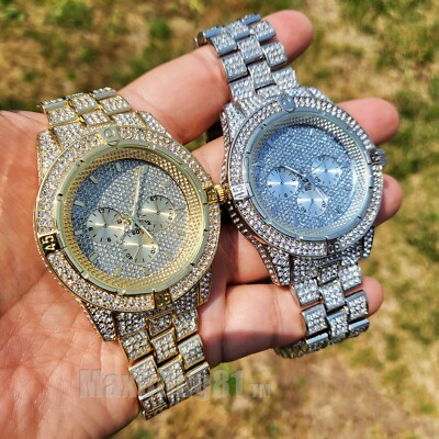 Freeze Diamonds Iced Out Mens Chronograph Watch Tri-Color Dial Gold Silver Freeze Mens Diamond Chronograph Watch .65ct #FR-74-A | AJwatches main image 3