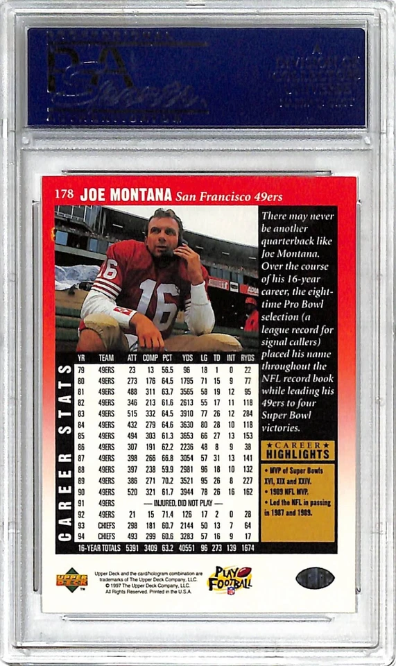 Tarjeta de leyendas autografiada de Joe Montana 1997 Upper Deck #178 PSA/DNA Foto 2 de 2