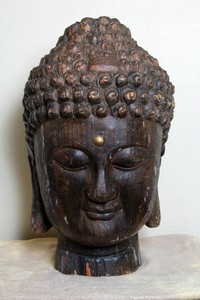 Old Chinese hand carved wooden large buddha head.