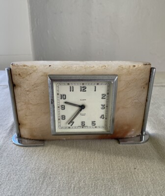 Art Deco Antique Smiths Marble Alarm Clock Desk 7 Jewel 1930s