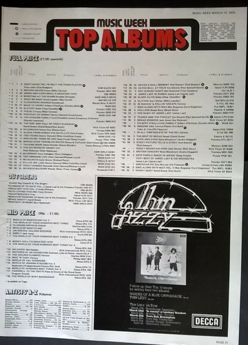 MUSIC WEEK TOP 30 ALBUM CHARTS 17.3.1973  THIN LIZZY Shades - Bild 1 von 6