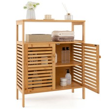 Costway Two-door Bamboo Bathroom Floor Cabinet Storage Organizer w/ Open Shelf