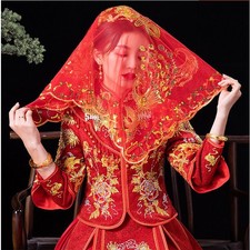 1X Chinese Wedding Red Bridal Veil Semi-Transparent Head Veil Embroidery Glitter