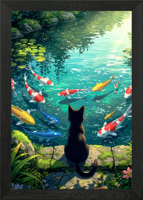 Black Cat Admiring Koi Pond Framed Wall Art Poster Canvas Print Picture
