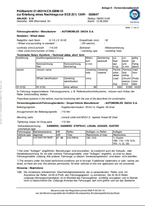 Felgen Dacia Duster, Sandero, SanderoStepway, Logan, Jogger 6,5Jx16 5x114,3 ET32 - Bild 2 von 4
