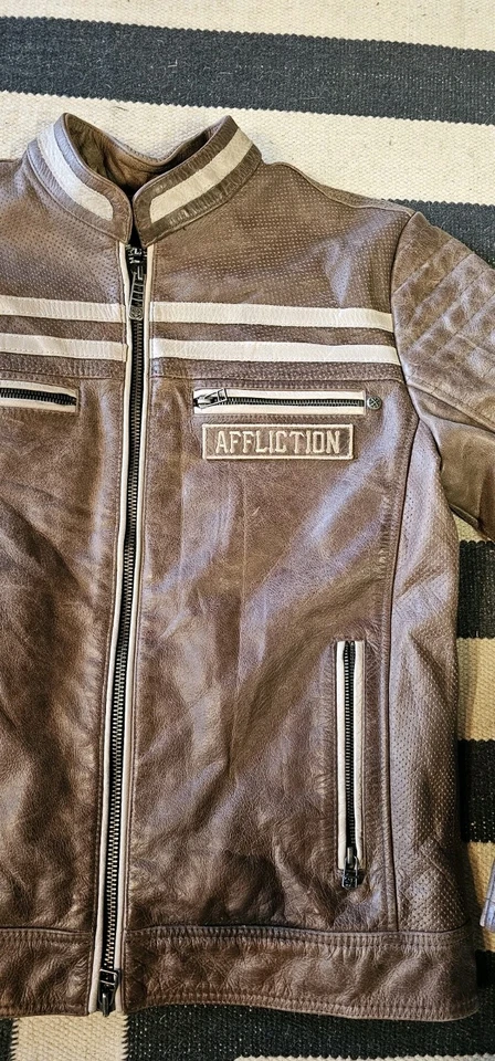AFFLICTION Live Fast American Customs Brown Leather Jacket Sz Medium - Image 2 of 4