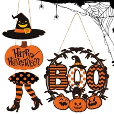 Best 2 Pieces Happy Halloween Door Signs Witch Leg Hat Hanger Boo Pumpkin Wooden