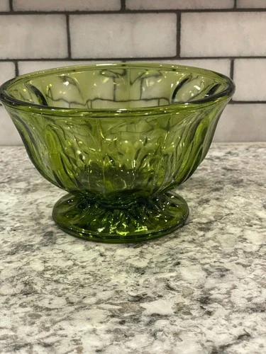 Anchor Hocking "Fairfield" Avocado Green Glass Pedestal Bowl, Vintage - 3.5"x6"