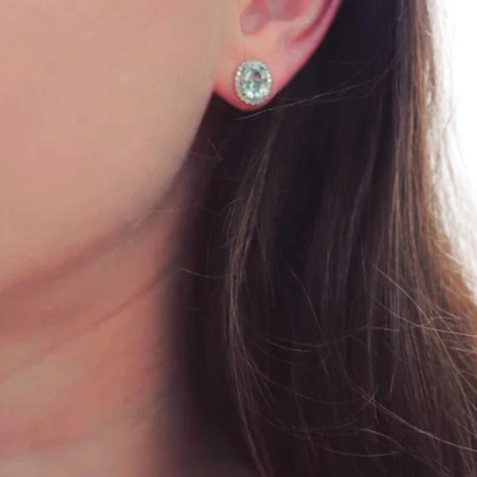 Womens Aquamarine & Diamond Halo Stud Earring 925 Sterling Silver Gift For Her - Image 2 of 4