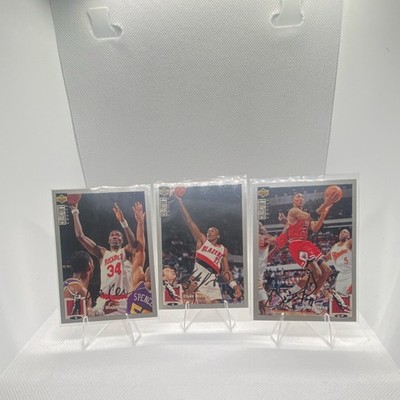 Upper Deck 1992 Autographed NBA Card Lot Olajuwon Drexler Pippen (3 Cards)