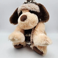 Hugfun Puppy Dog Plush 12" Cream Fur Hard Eyes Brown Ears Argle Knit Hat Scarf